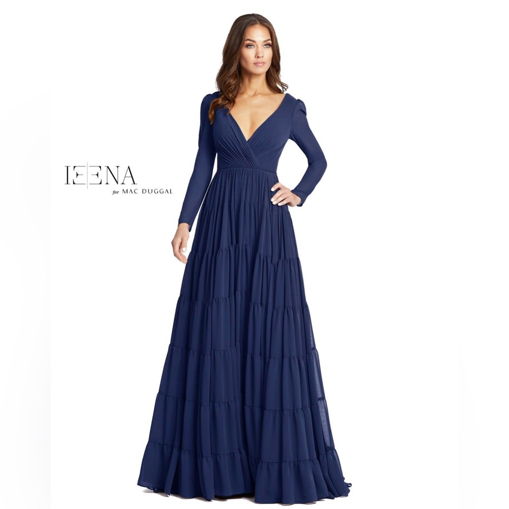 Ieena for Mac Duggal Long Sleeve Chiffon A-Line Gown